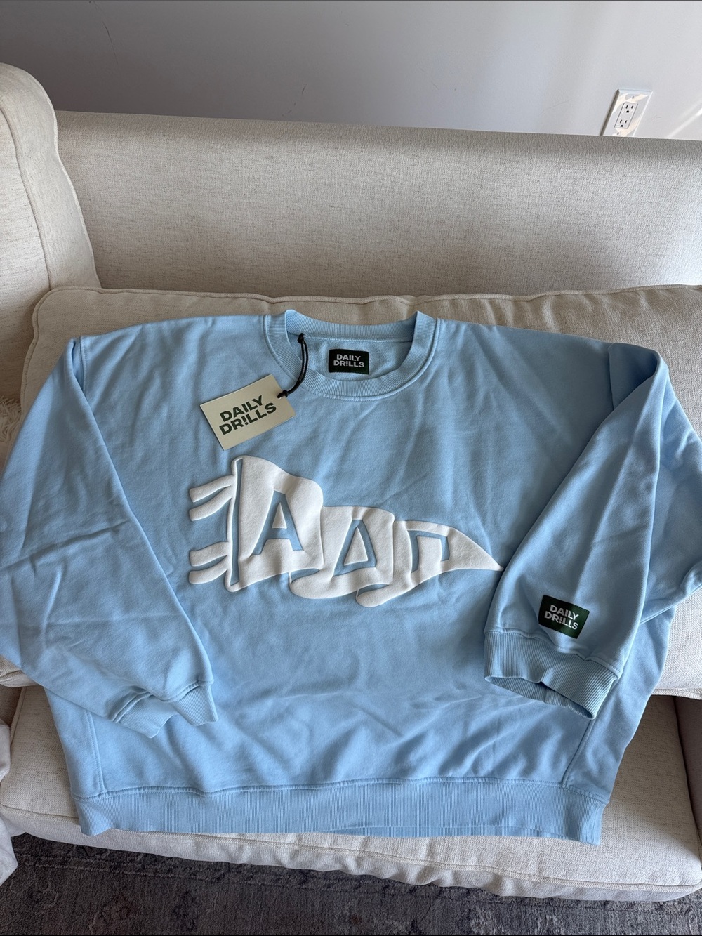 RARE!!!!!! ADPI Sorority Daily Drills Light Blue Crewneck with White Raised Logo